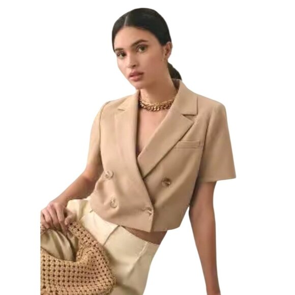Anthropologie Maeve Beige Double-Breasted Cropped Blazer Short Sleeve Size US 14 - Picture 16 of 16